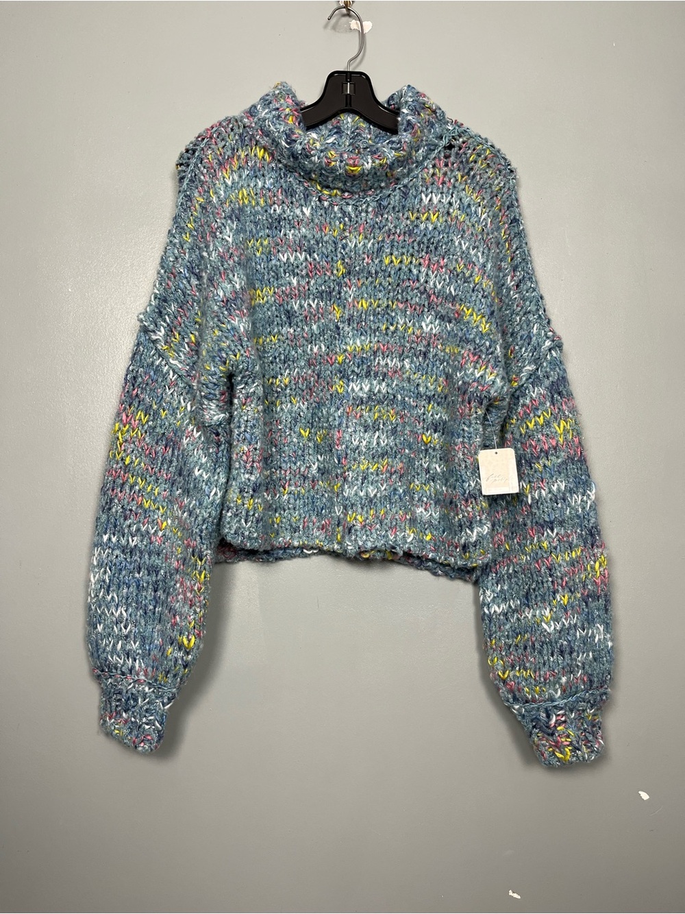 Free People Chunky Knit Blue Confetti Turtleneck Sweater Boho Women’s Size XS